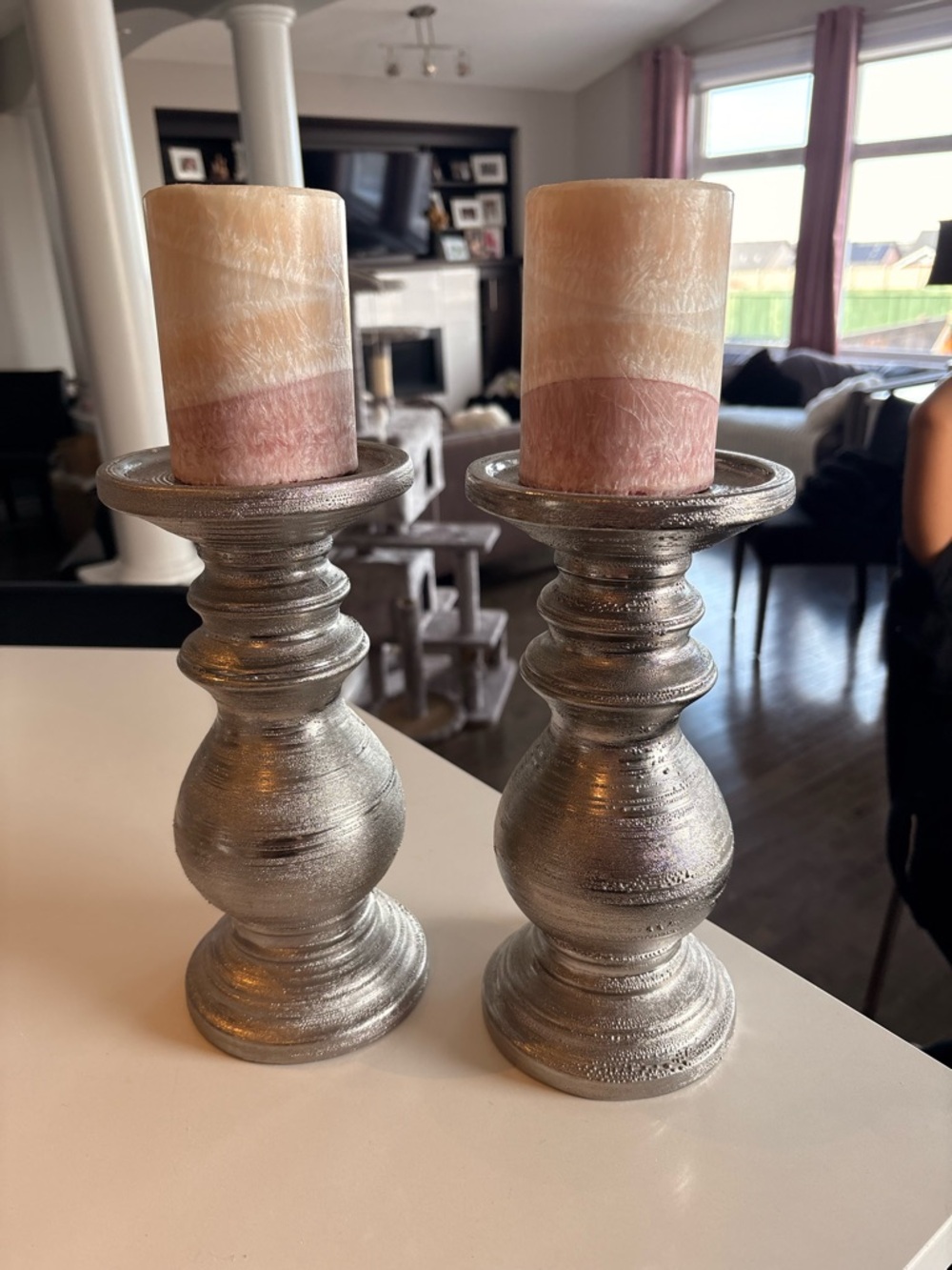 Silver Colored Candlestick Holders with Pink Cream Pillar Candles